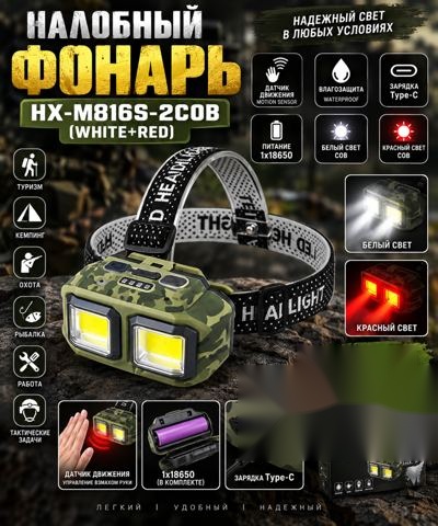 Налобний ліхтар HX-M816S-2COB